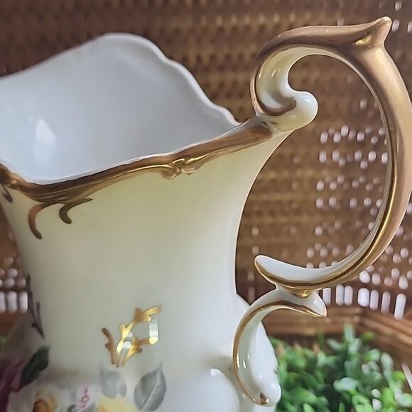 Vintage Porcelain Floral Pitcher Vase With Gold Tone Accent Coquette Bridal - Picture 16 of 17